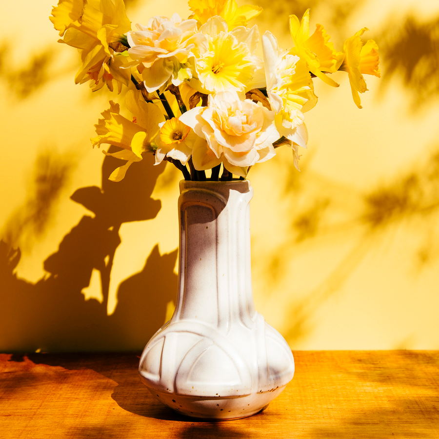 This Celtic Vase features the creamy white Birch glaze that's speckled with small brown spots.