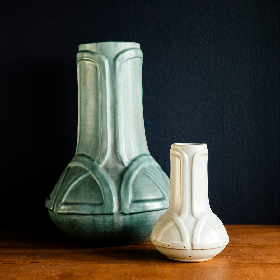 Our Birch Celtic Vase next to its much larger historic counterpart.